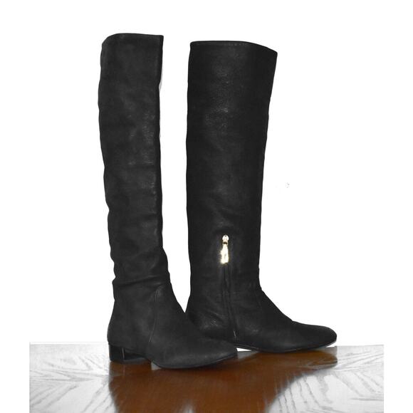 D0 Auth PRADA Black Leather 1/3 Zip Knee High Low Heel Boots Size 37.5 - Picture 1 of 8